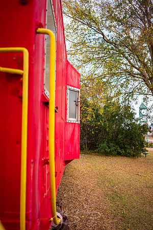 Dublin Downtown - Dec 2022 - 12 - Caboose and Welcome Clock, Dublin Railroad Park
