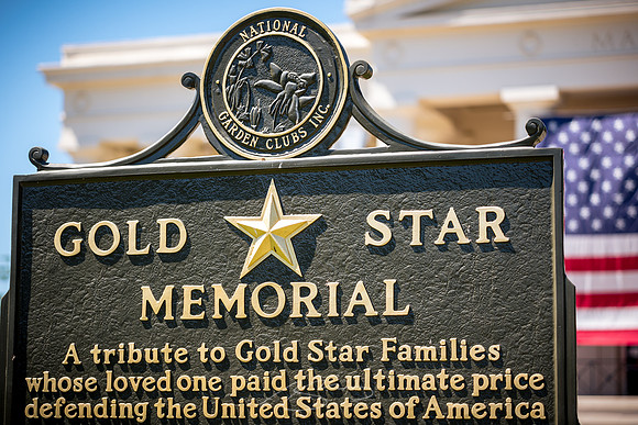 Macon - May 2022 - 57 - Gold Star Memorial Sign (with City Hall and Flag), Rosa Parks Square, Macon